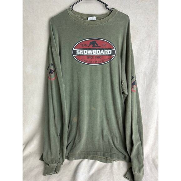 Y2K Vintage Snowboard Long Sleeve Tee Graphic Thrashed Army Green Grunge XL - Picture 1 of 6